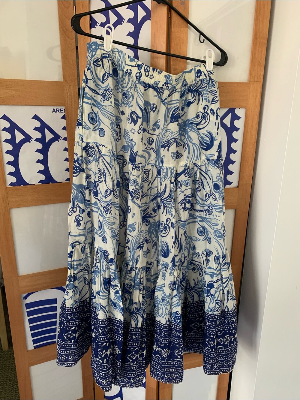 Zara Blue and Cream Floral Tiered Maxi Skirt